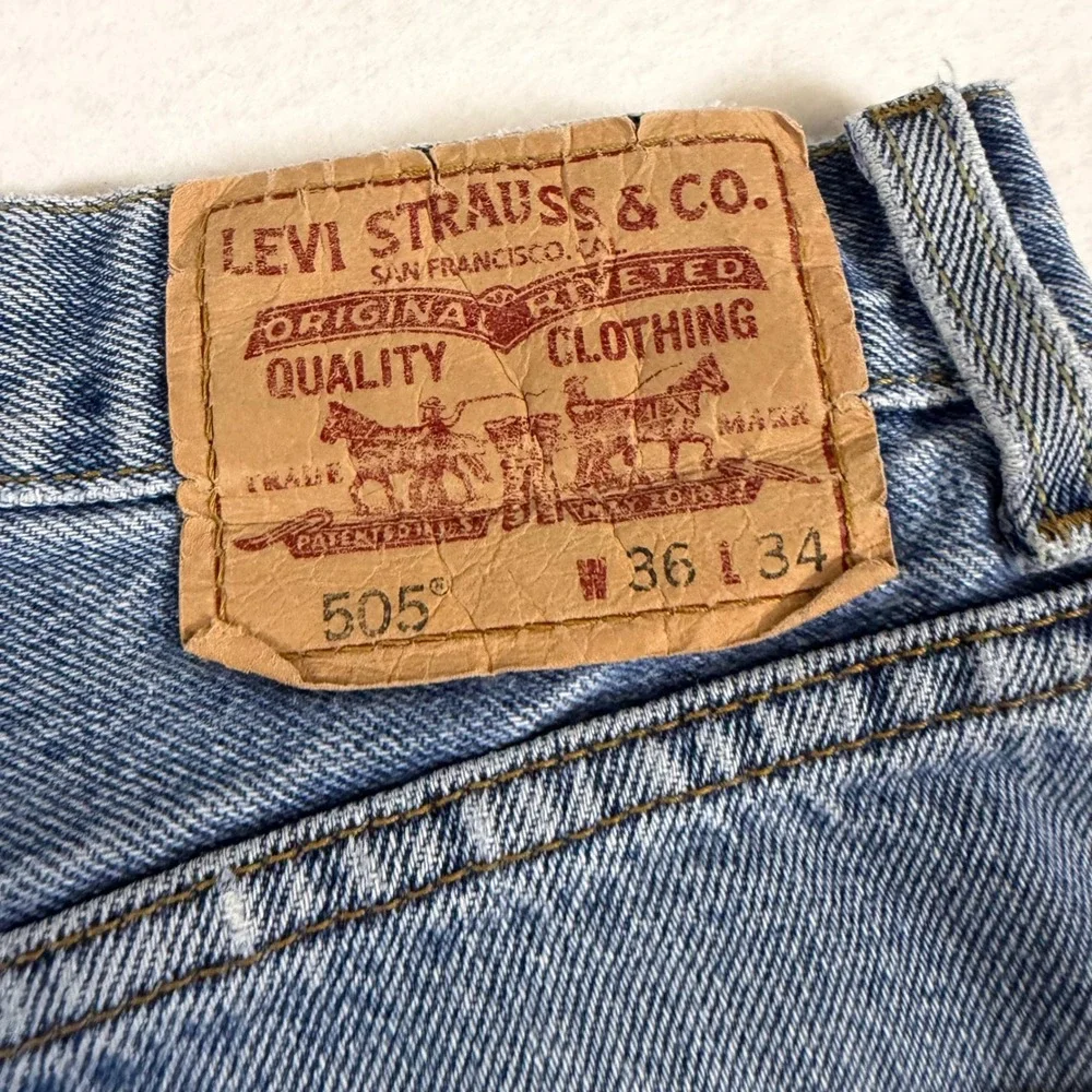 Levis 505 Regular Fit Straight Leg Light Wash Blue Denim Jeans Mens 36x34